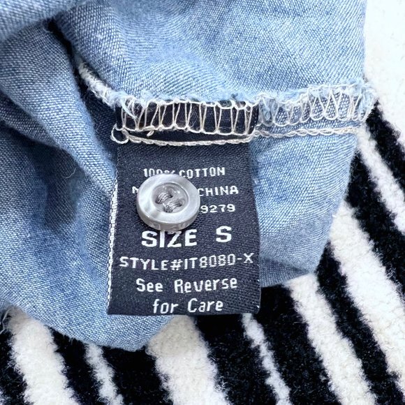 Foreign Exchange Fringe Lace Up Back Sleeve Adjust Loop Denim Shirt - Picture 6 of 7